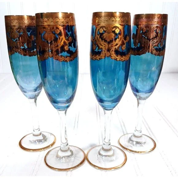 GlassOfVenice Murano Glass Champagne Flutes 24K Gold Leaf - Blue Set 4 Vintage - Picture 4 of 16